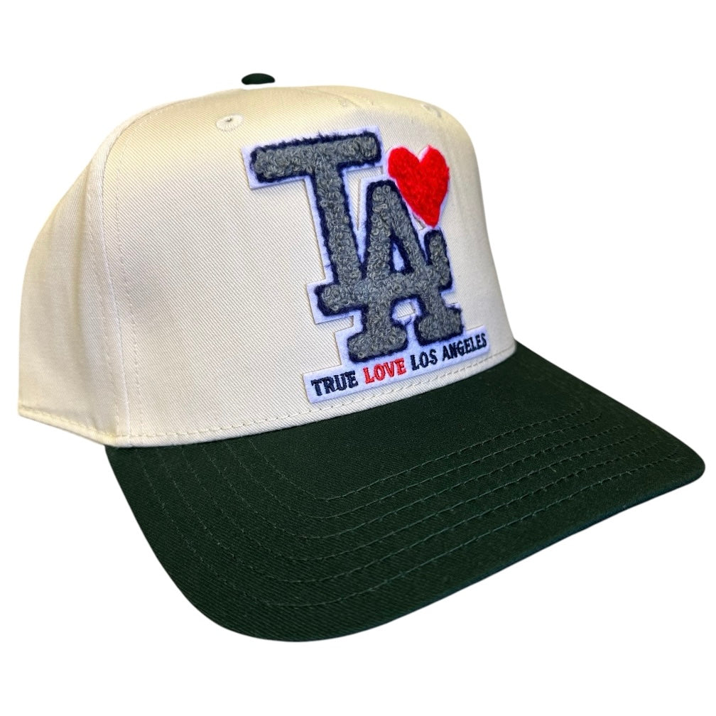 TRUE LOVE LOS ANGELES 5 Panel Baseball Cap :: FOR CALIFORNIA FIRE RELIEF - Dark Green/Natural