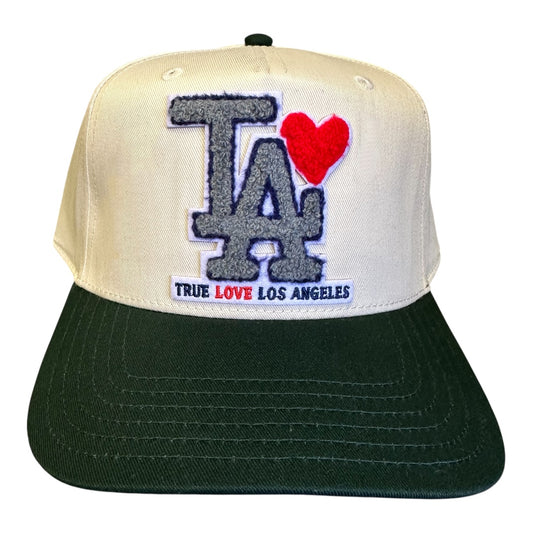 TRUE LOVE LOS ANGELES 5 Panel Baseball Cap :: FOR CALIFORNIA FIRE RELIEF - Dark Green/Natural