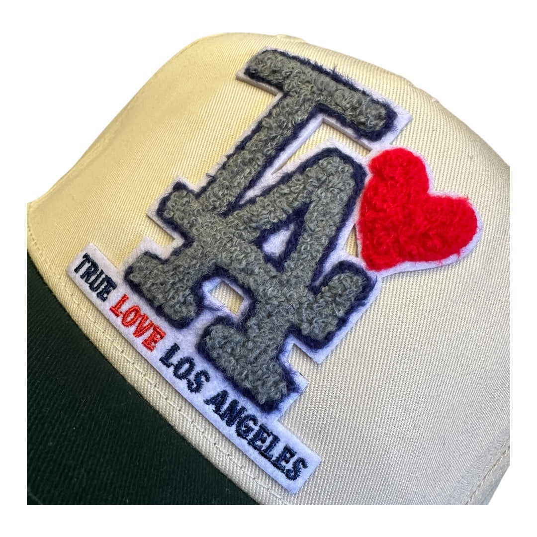TRUE LOVE LOS ANGELES 5 Panel Baseball Cap :: FOR CALIFORNIA FIRE RELIEF - Dark Green/Natural